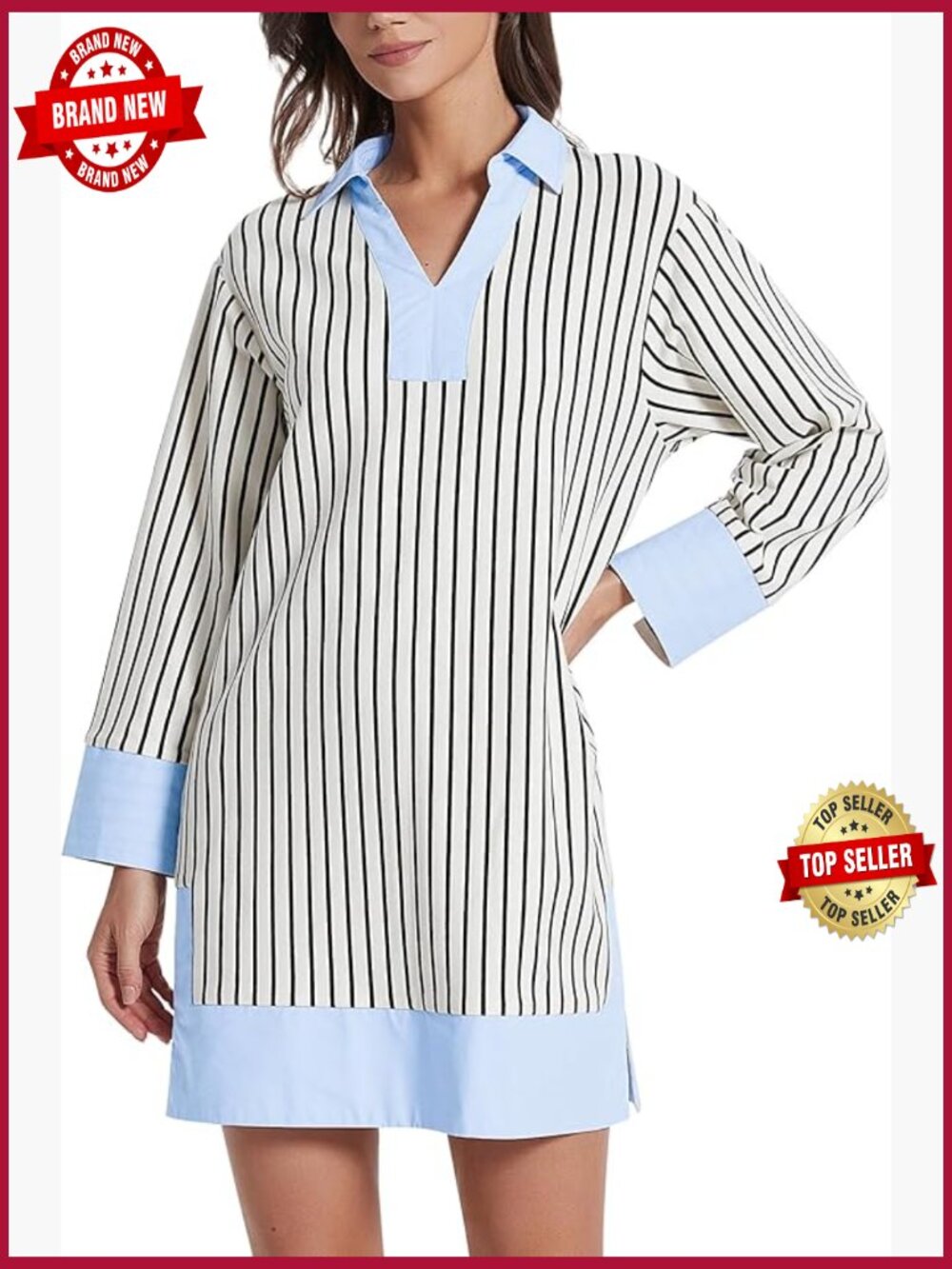 Striped Shift Mini Dress with Collared V-Neck and 3/4 Sleeves